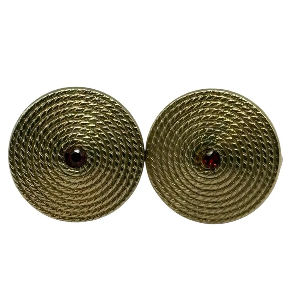 Rope Coil Swirl Cufflinks Red‎ Rhinestone Gold Tone Vintage Men's Round Formal